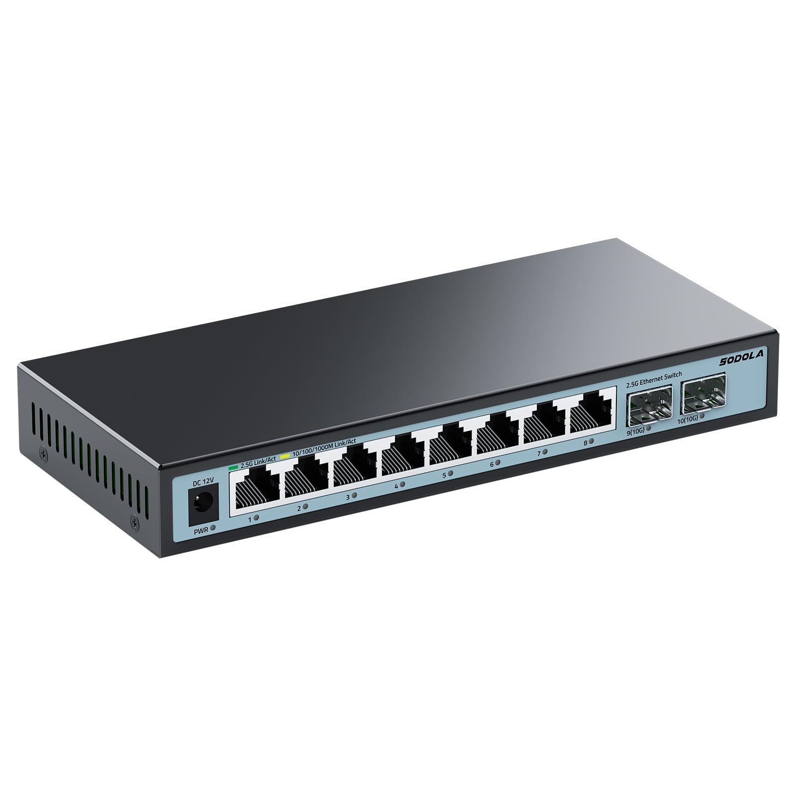 【迅速に発送】Sodola 2.5gbps スイッチングハブ 10ポート（8x2.5G RJ45と2x10G SFP+） 搭載 ファンレス静音設計 机の上に置く 家庭用およびオフィス用 プラグアンドプレイ 非管理型スイッチングハブ