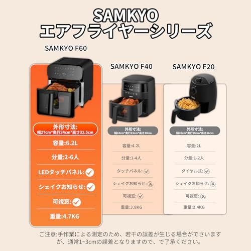 【迅速に発送】SAMKYO ノンフライヤー 6.2L 大容量 2-6人用 エアフライヤー タッチパネル 可視窓 日本語レシピ付き ノンフライヤー機 快速調理 フライヤー ヘルシー F60 ブラック