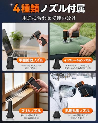 【新生活特典】WOLFBOX エアダスター 電動 強力ブロワー 洗車 最大風速75m/s以上 204ｇ超軽量 11万回転【2026最新・水シミ予防】5000mAh大容量 240分連続稼働 4種ノズル付き 3段階調整 USB充電式 一台多役 年 b92c4ac7
