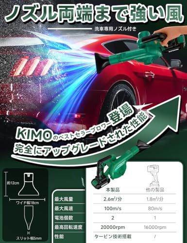 【100m/sを超える3速暴風調整 洗車ノズル付き】KIMO ブロワー 洗車 ブロアー 充電式 強力 OA機器用エアダスター エアーブロー延長チューブ付き 2.0Ahバッテリ一2個搭載 コードレスブロワー 風量調整可能 吹き飛ばしと集塵1台2 474c48ff