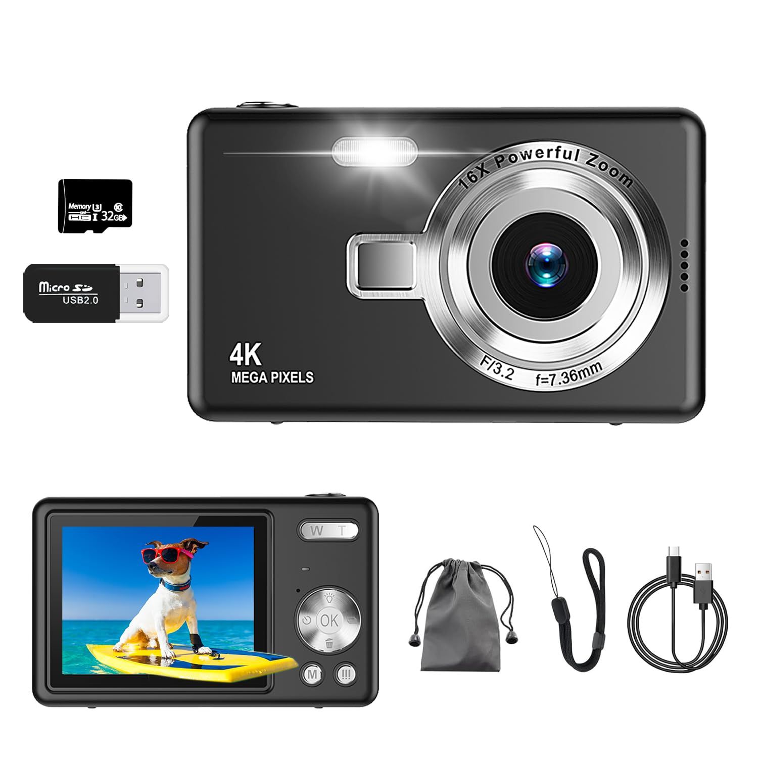 デジカメ【4K動画撮影、5000万画素】デジタルカメラ 32GB Micro SDカード付き AFオートフォーカス コンパクトカメラ 2.7インチの大画面 16倍ズーム フラッシュ 手振れ補正機能を備えています ウェブカメラ 充電式 大容量バ 256990ab