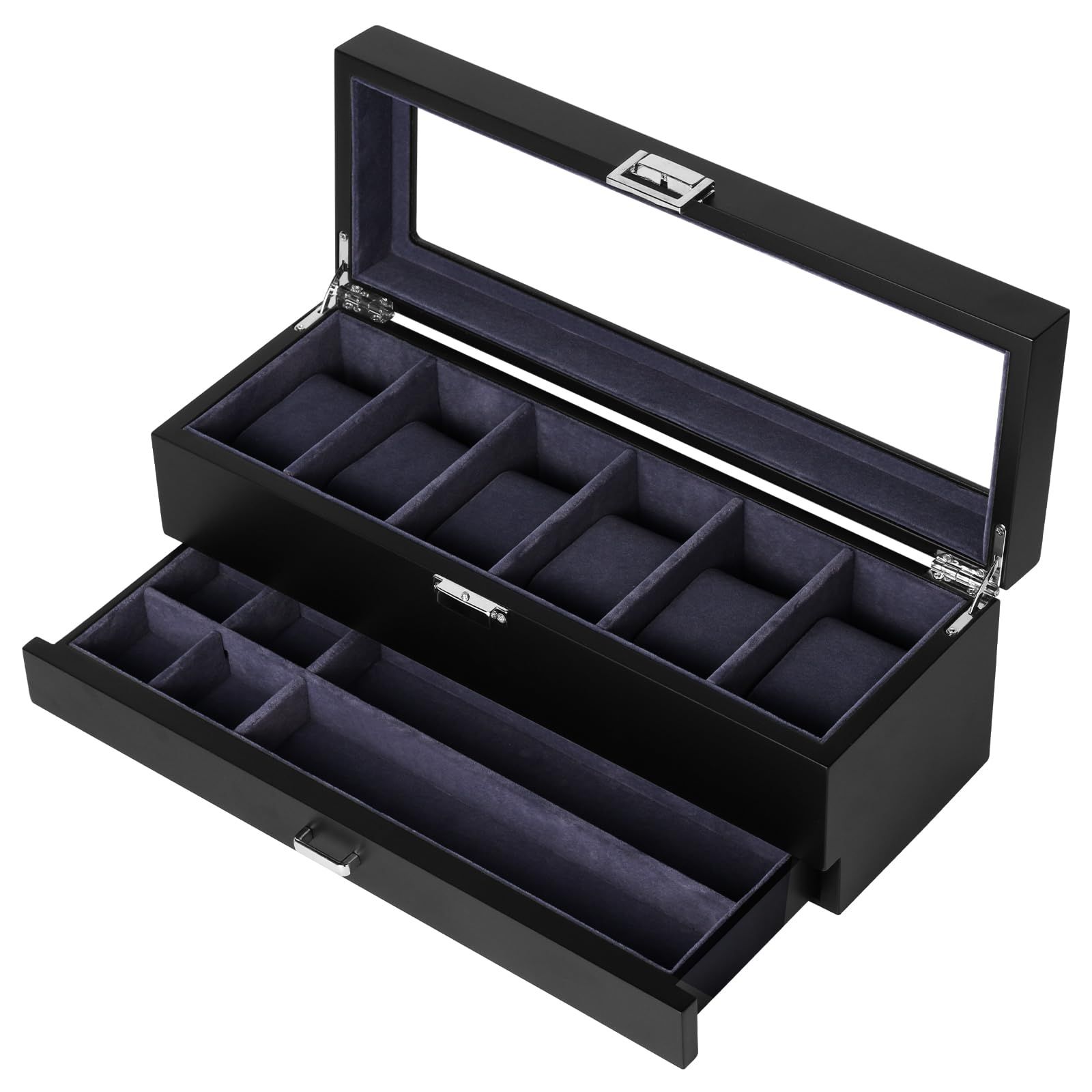 新品 Baskiss 高級2層木製時計ケース 腕時計6本収納ボックス アクセサリー・指輪・ピアス・ペン収納可能 コレクションケース