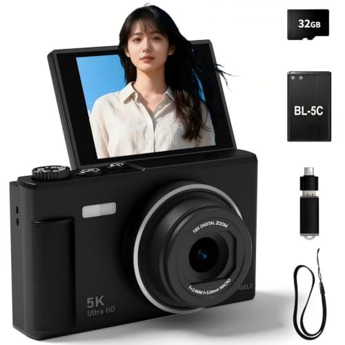 デジカメ 5K 7500万画素 デジタルカメラ 180度回転可能スクリーン 2.8インチスクリーン 18倍デジタルズーム オートフォーカス 32GB U3高速Micro SDカード付き 近接撮影 定時撮影 内蔵フラッシュ 自撮り ウェブカメラ 1c45c0ad