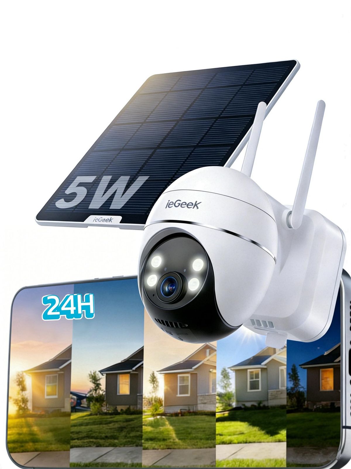 【電池式限界を超える・ 24時間記録×360°自動追尾 】ieGeek 防犯カメラ 屋外 ソーラー 9000mAhバッテリー 人・車無償検出 300万画素 AI検知 25m検知 5DBIアンテナ 5Wソーラー ワイヤレス/wifi 声変える双 7b375f67