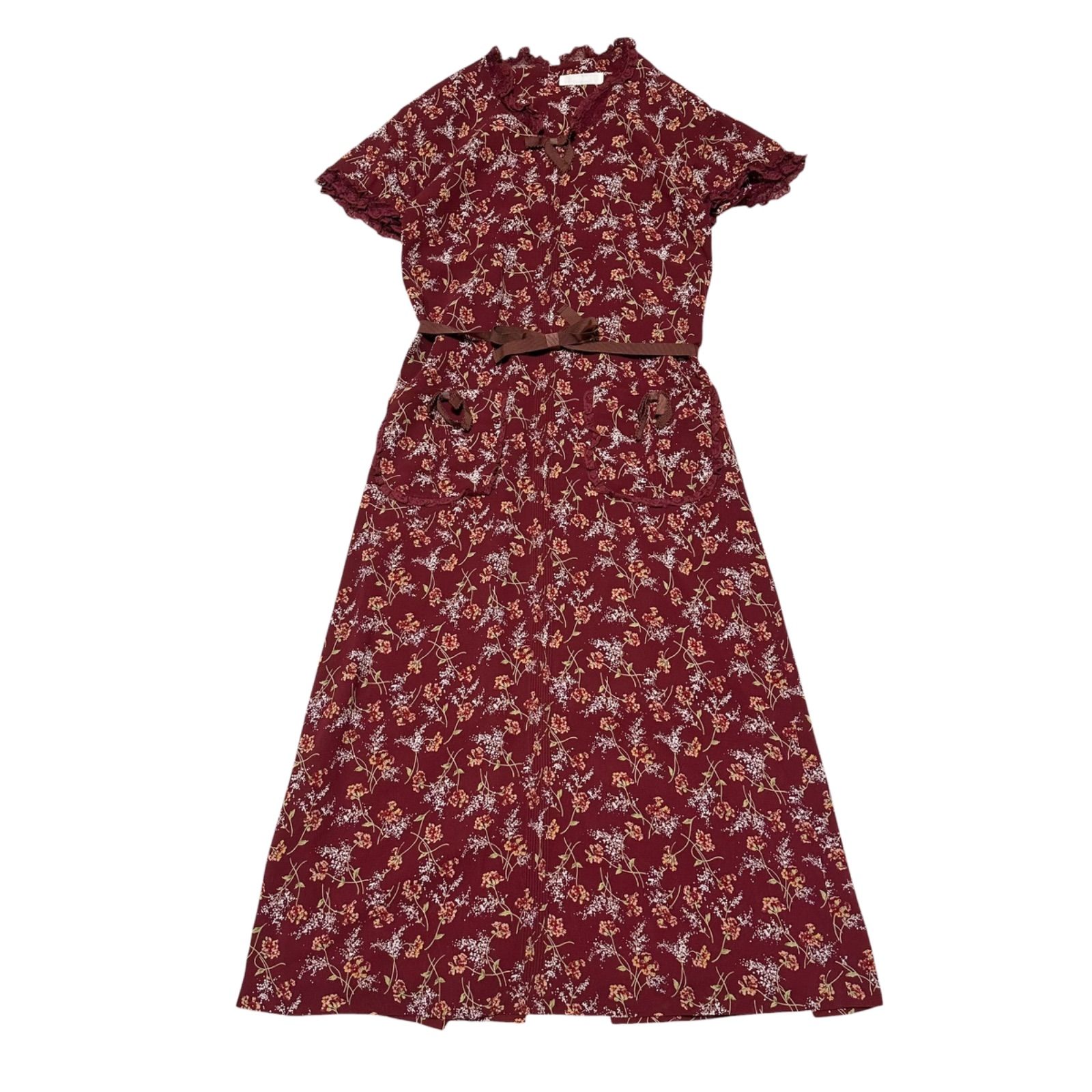 美品 PINK HOUSE ピンクハウス ワンピース 半袖 マキシ丈 ロング丈 フリル リボン レース 花柄 ピンタック 肩パット フレア Aライン レッド 赤