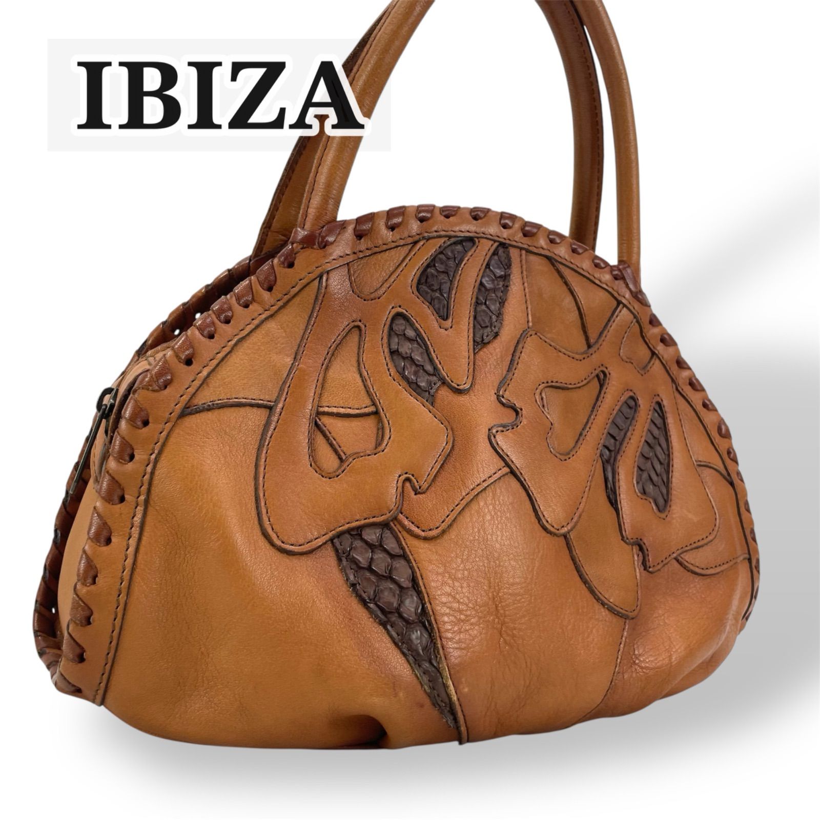 美品】 IBIZA イビサ カットワーク パッチワーク レザー ハンドバッグ 