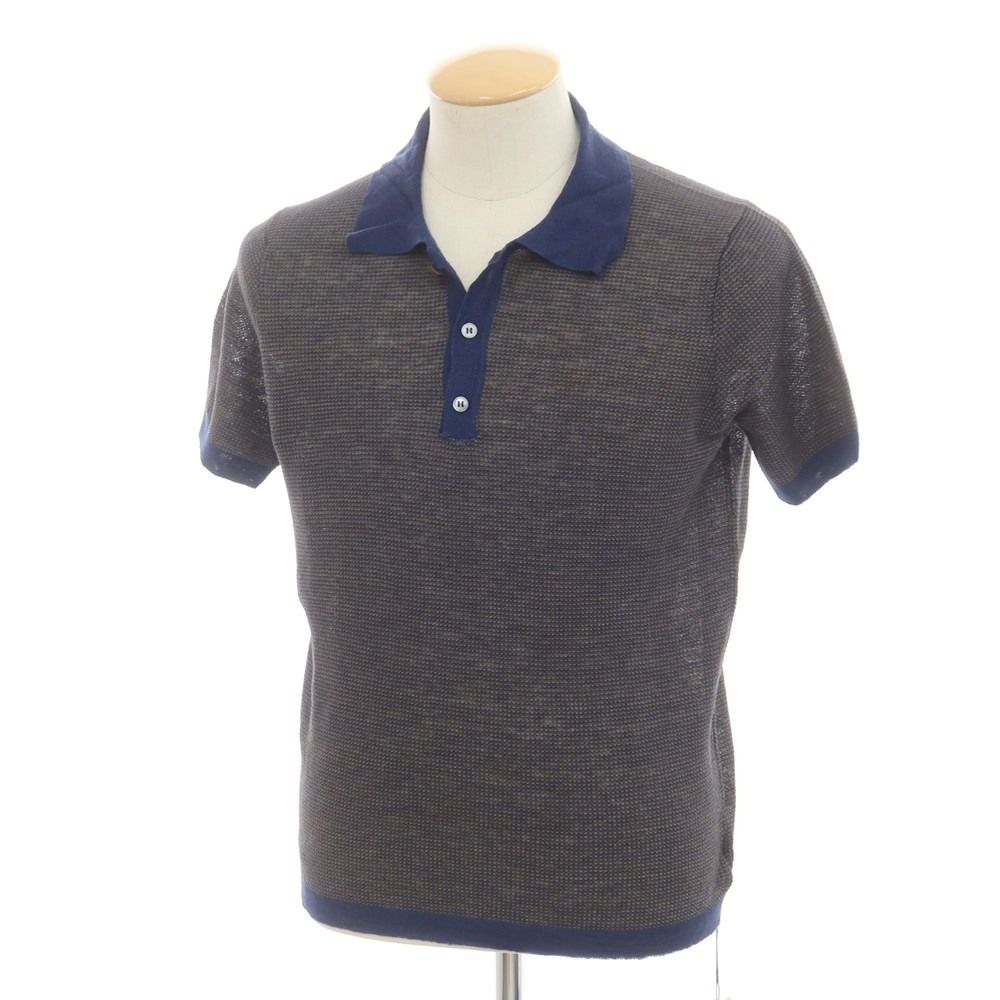 【新品】ザノーネ ZANONE リネン 半袖 ポロニット オリーブxネイビー【サイズ44】【メンズ】