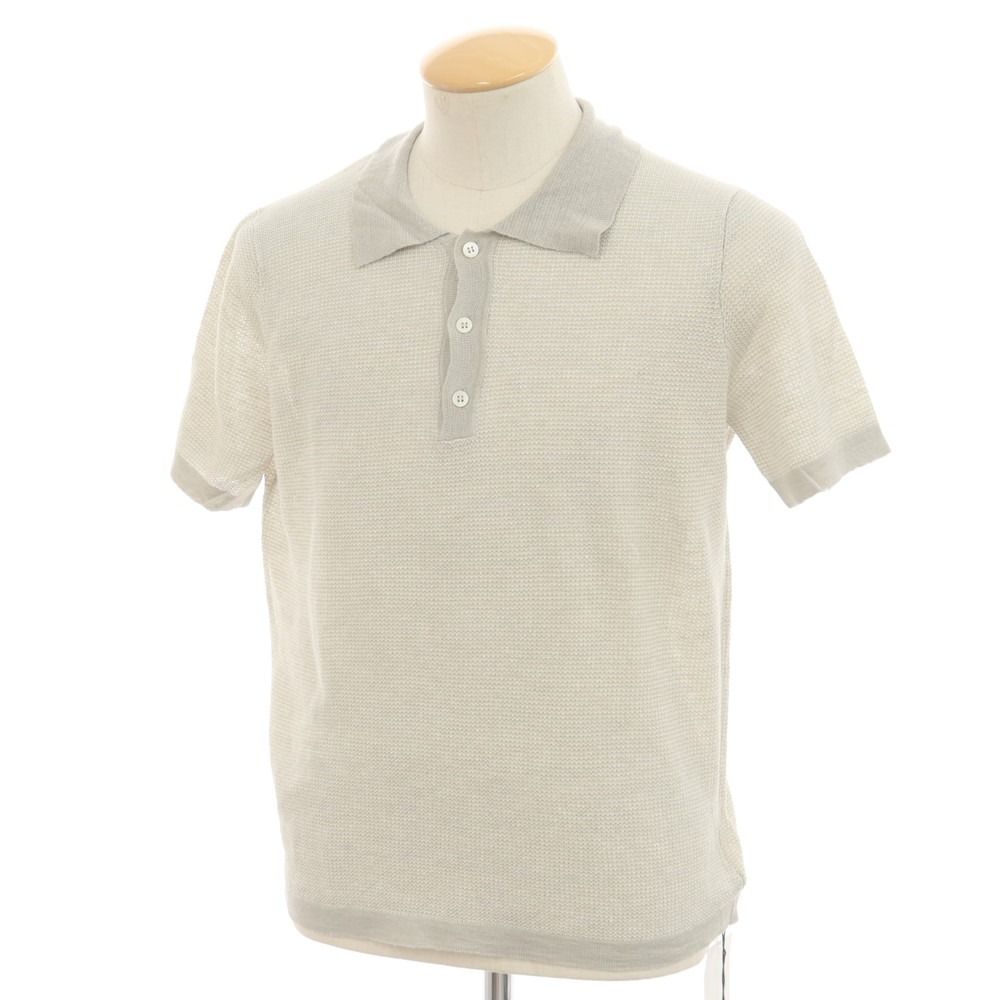 【新品】ザノーネ ZANONE リネン 半袖 ポロニット ライトグレーxホワイト【サイズ44】【メンズ】