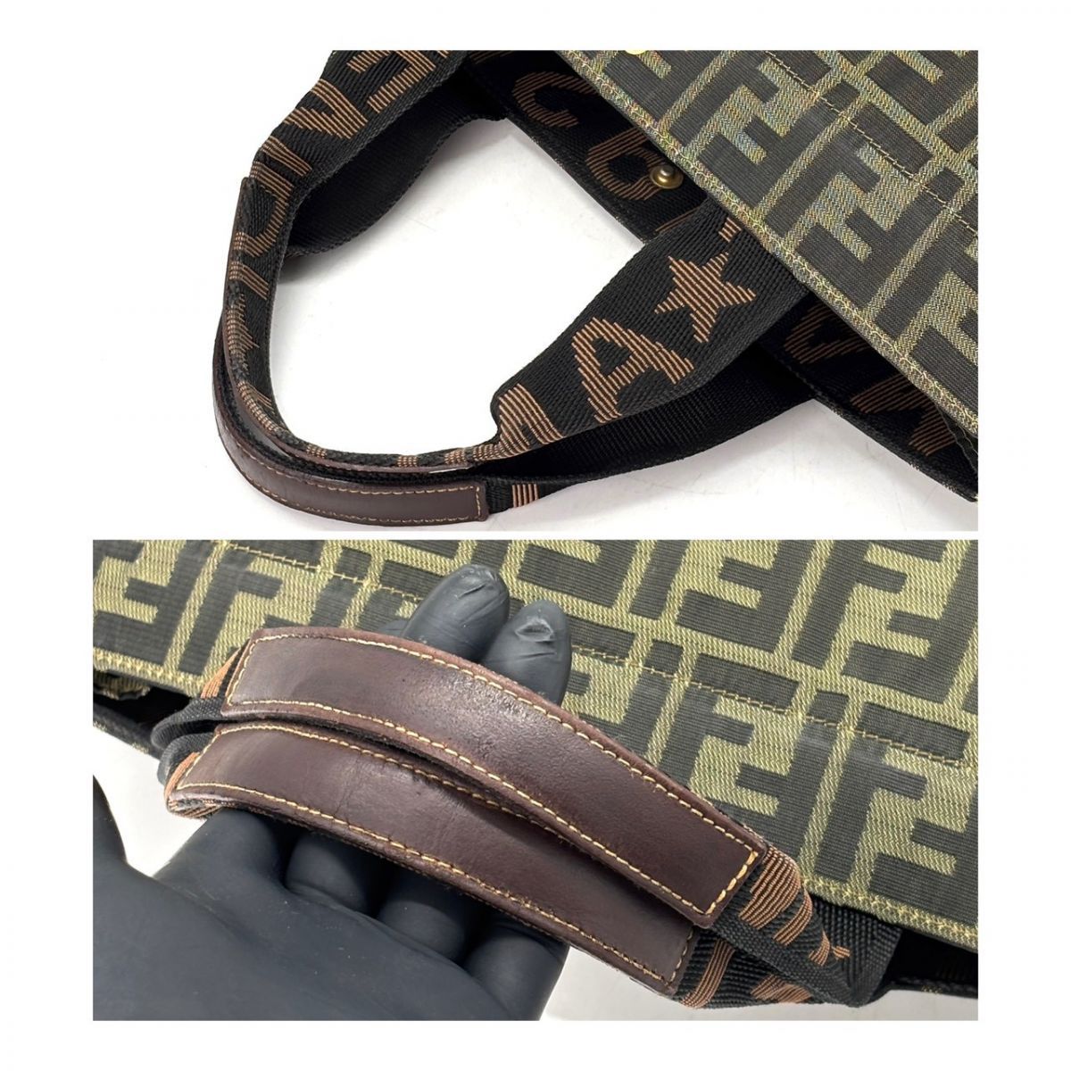 FENDI】ズッカー柄トートバッグキャンバスコンビ素材布レザー素材 イタリ製