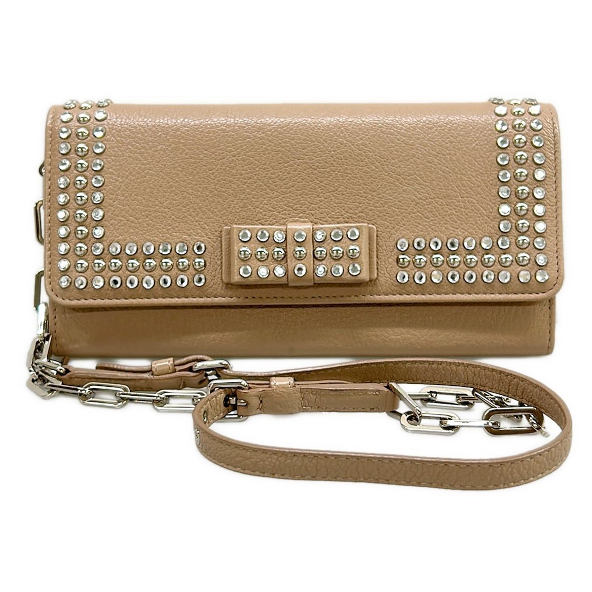 miumiu(ミュウミュウ) 財布美品 - 5M1290 ベージュ チェーンウォレット/ラインストーン/スタッズ/リボン レザー