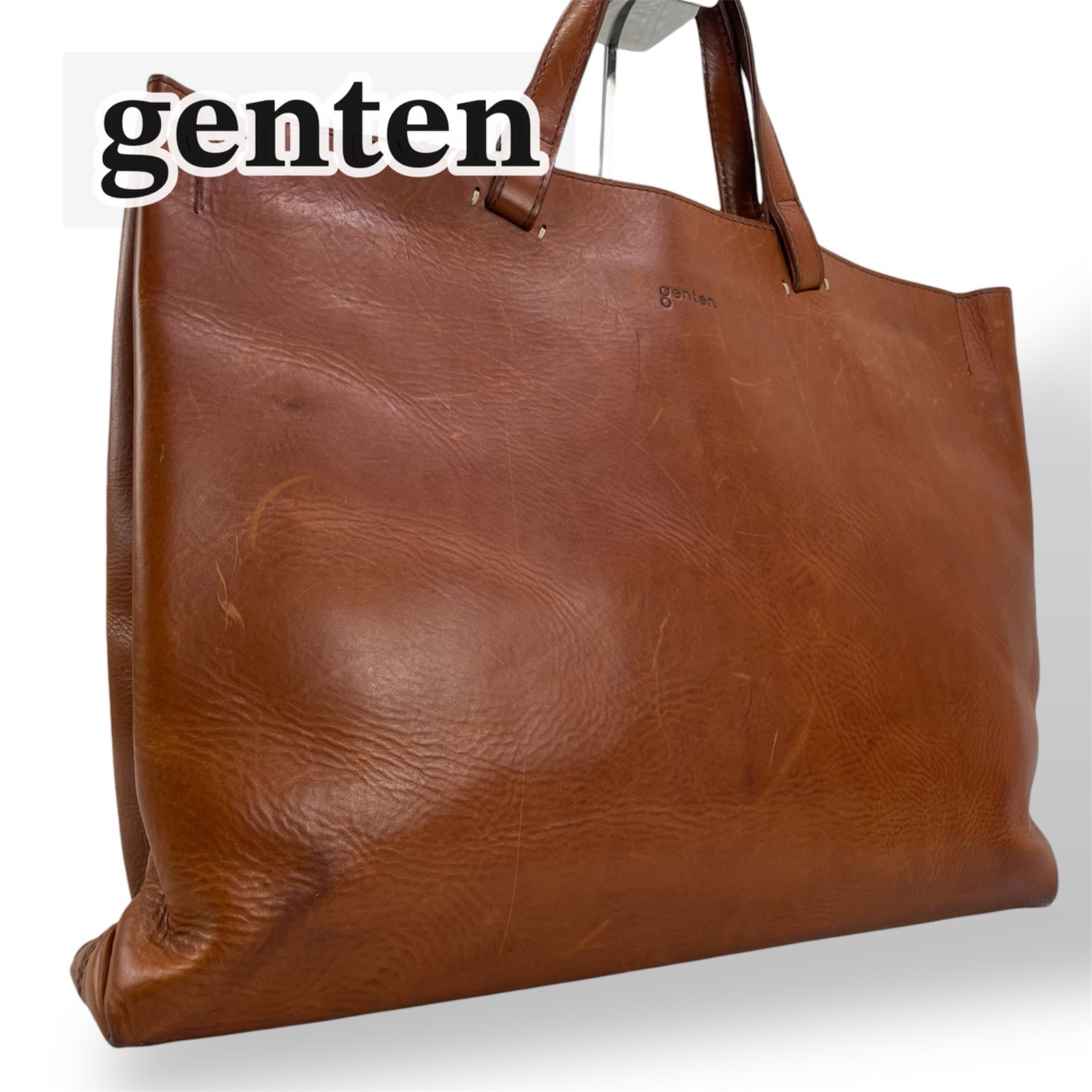 【美品】genten ゲンテン アマーノ レザー トートバッグ L M ハンドバッグ ブラウン 茶 本革 ミネルバリスシオ バケッタレザー 一枚革 A4収納可 PC 大容量 ビジネス 通勤 通学 日本製 職人 ハンドステッチ 1点物 メンズ レディース 鞄
