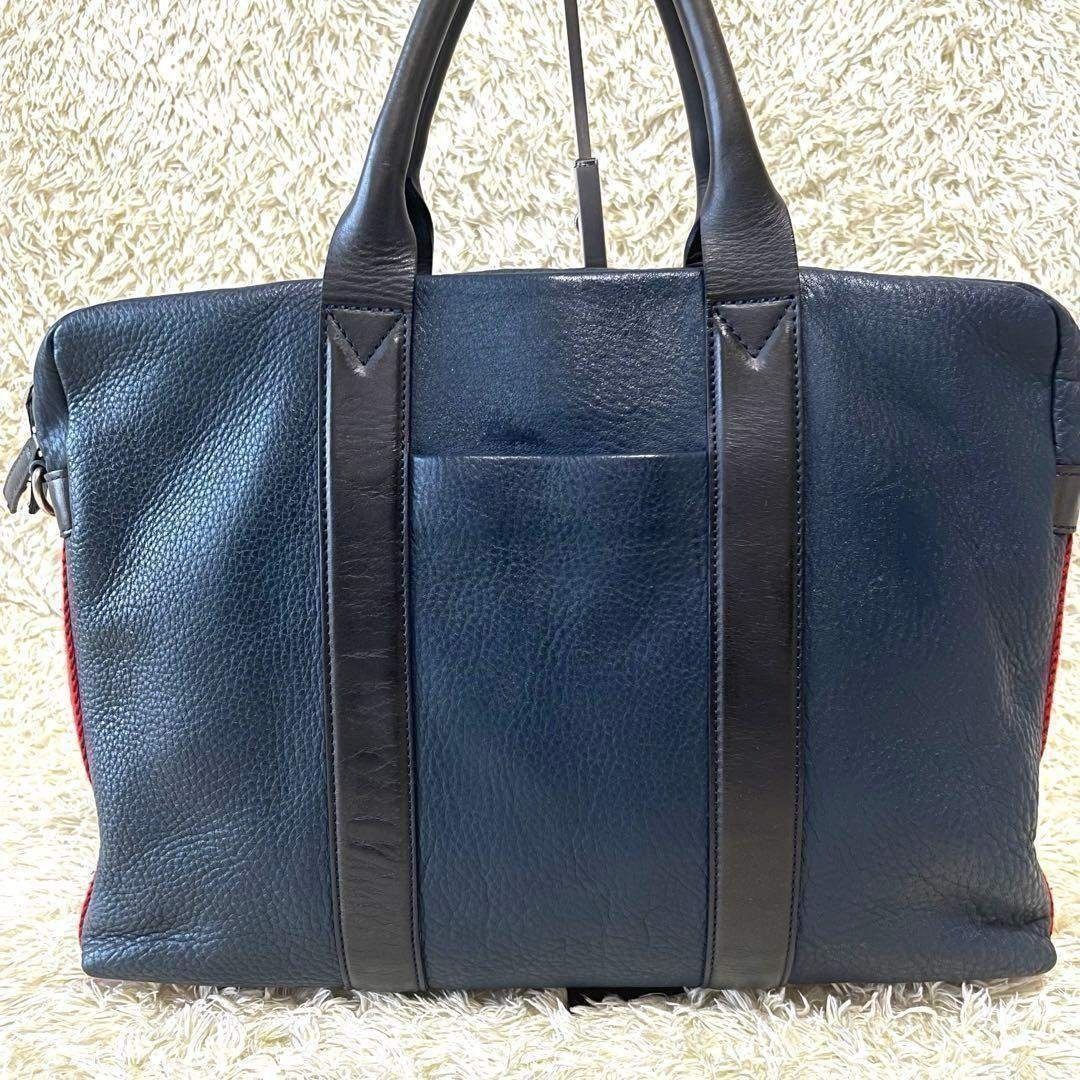 Paul Smith レザー ビジネスバッグ ダークブラウン × 青 Paul Smith ポールスミス ビジネスバッグ レザー 革 A4収納可 ノートPC