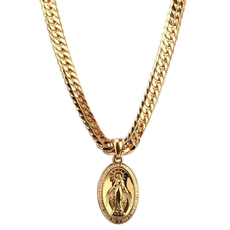 [silver KYASYA]6面カット ダブル喜平ネックレス 18k gp 奇跡のメダイ ネックレス ゴールド 18金 仕上げ 聖母 メダイ ペンダント メンズ HIPHOP b系 50cm 60cm 専用BOX付属（60cm）
