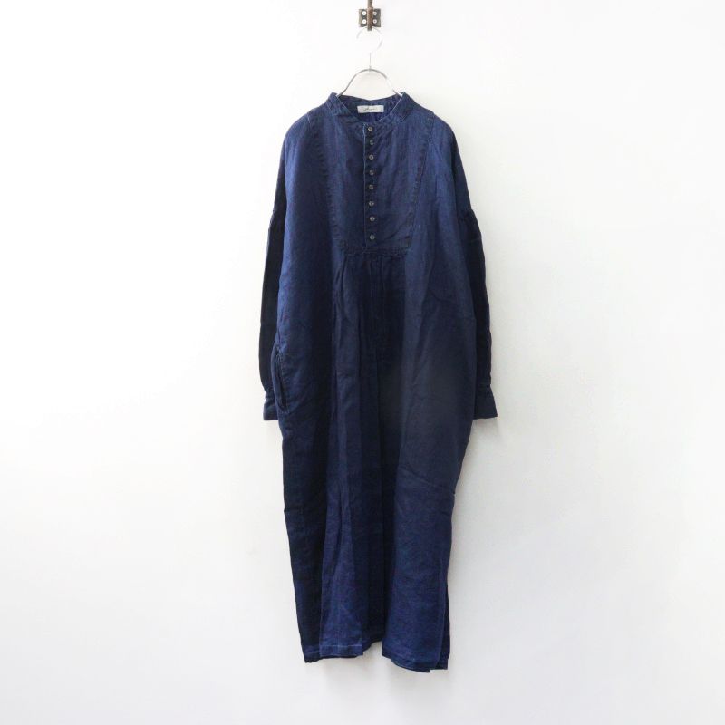 美品 イチ アンティークス ICHI Antiquites リネンバンドカラープルオーバーシャツワンピース インディゴ染┃麻【2400015028279】