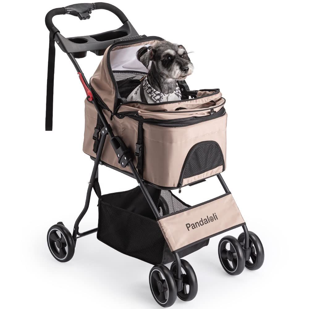 Pandaloli ペットカート ベビーカー 犬 バギー:小型犬 中型犬 猫 多頭 カート 4輪 軽量コンパクト 飛び出し防止リード2本付き 前輪360°回転 後輪ブレーキ付き 折りたたみ 組み立て簡単 耐荷重20Kg ベージュ色