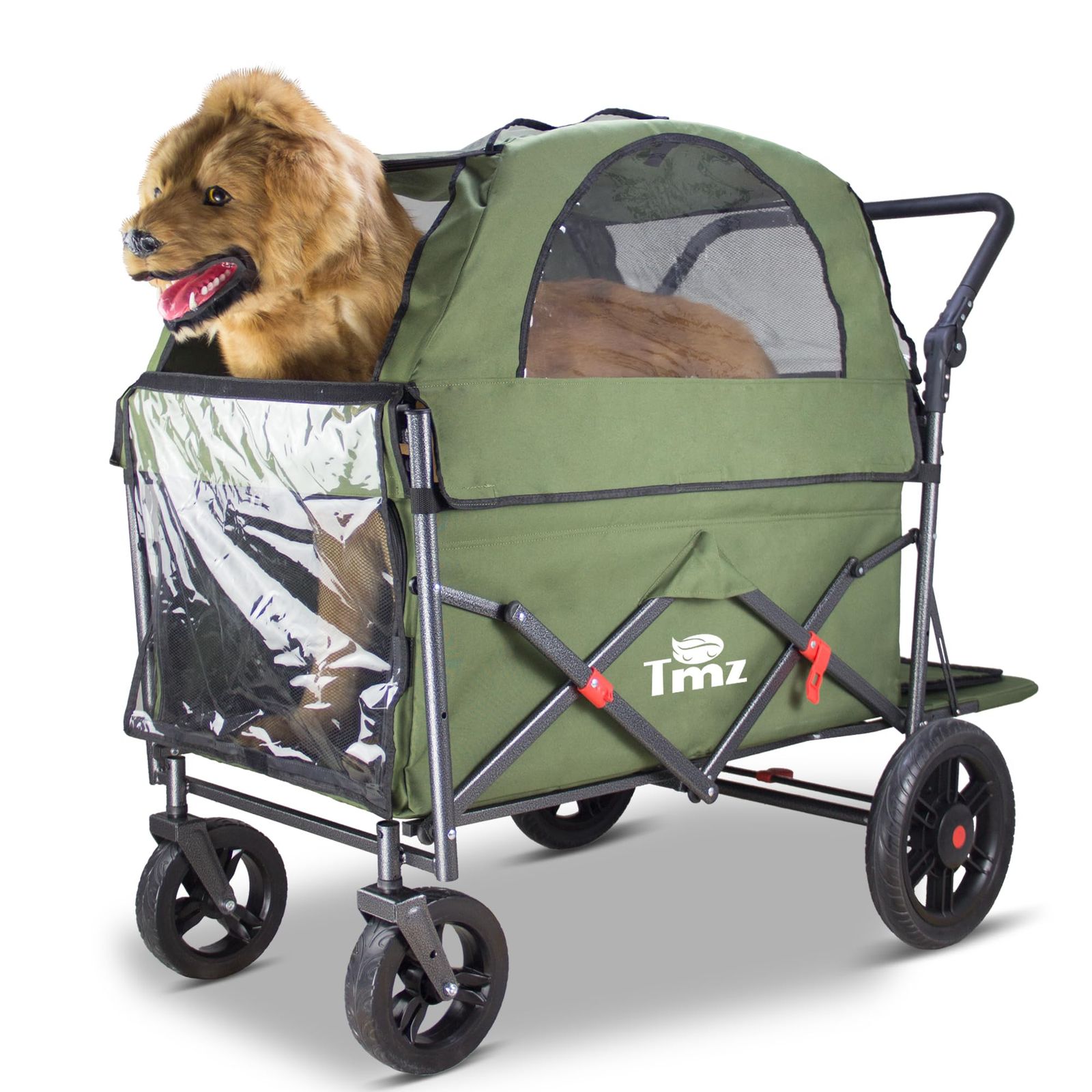 TMZ ペットカート 大型犬・中型犬 多機能キャンプカート 取り外し可能な屋根 前後両サイド開閉可の出入り口 クイックフォールディング 4輪ワンタッチ取り外し ハンドル角度調節 後部足踏みブレーキ 耐荷重120kg 散歩・キャンプ・荷物運搬対応 緑