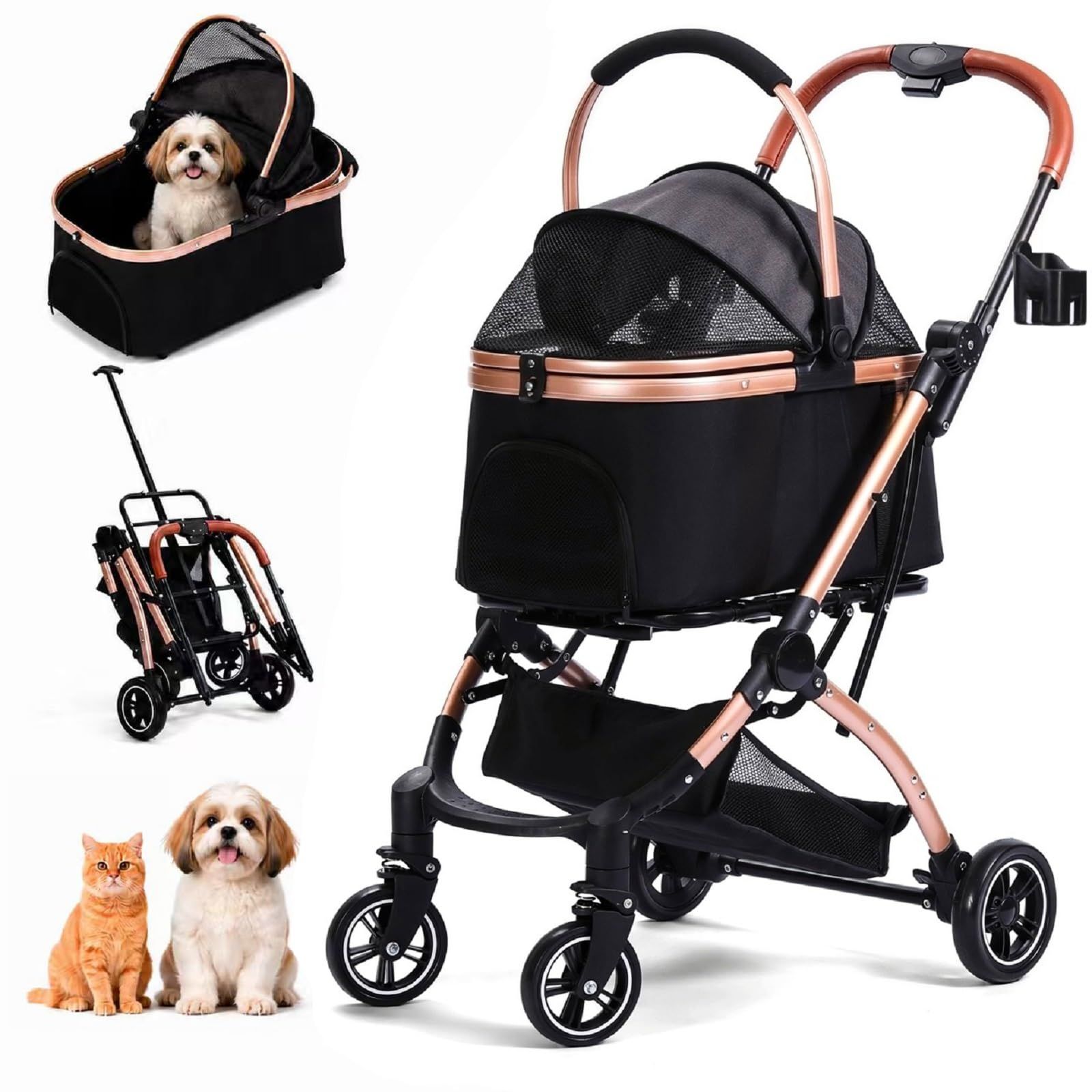 GLEEFURN ペットカート 分離型 犬用カート 小型犬 中型犬 猫 多頭飼い対応 4輪 ペットバギー 軽量 折りたたみ コンパクト ワンタッチ着脱 耐荷重20kg 通気メッシュ 飛び出し防止リード付き カップホルダー付属 外出便利-灰色