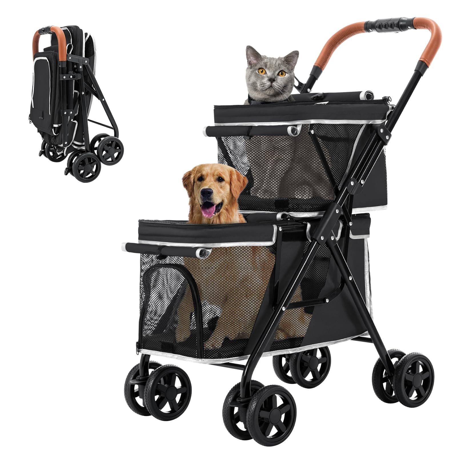 LPOTIUS ペットカート 多頭 上下2段式 ペットバギー ワンタッチ 折りたたみ 犬用ベビーカー コンパクト 収納便利 4輪 前輪360°回転 後輪ブレーキ付き 軽量 犬用カート 小型犬 中型犬 犬猫兼用 耐荷重20KG 上段8KG 下段12KG 多頭飼い