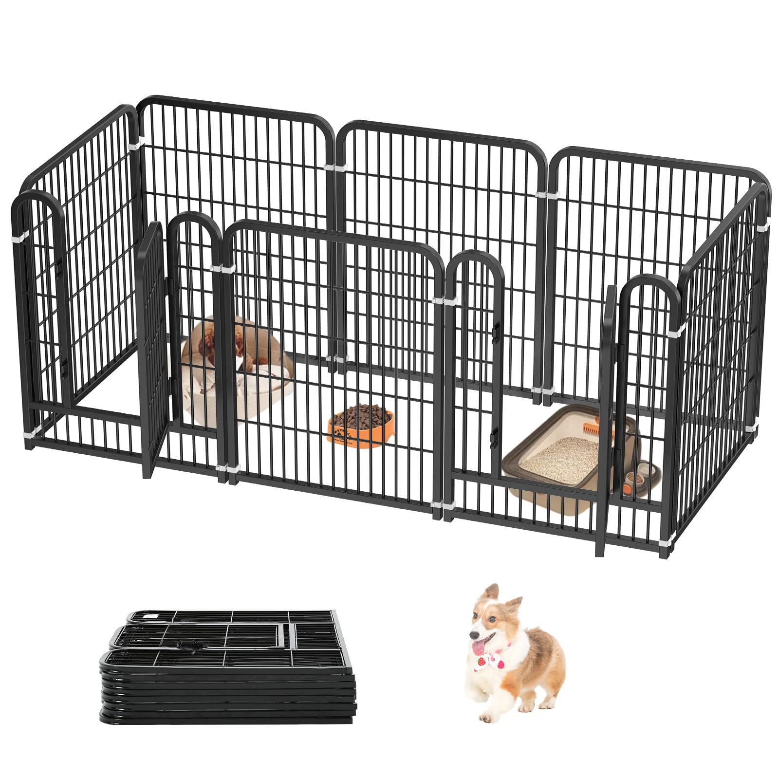 HEEOREV ペットサークル 犬 ゲージ ペットフェンス 犬 サークルケージドア付き [2つのドア（8枚組）180×60×70cm-ブラック]? レイアウト自由 トイレトレーニング 脱走防止 自立 ケージ 犬用 小型犬 中型犬 大型犬 ペット用品 室内外兼用