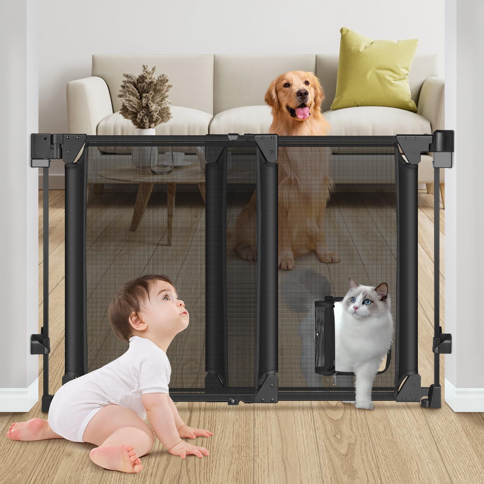 改良型 73-110CM 底バーなし ベビーゲート 頑丈なハードウェアマウント 犬用ゲート(猫用ドア付き) 調整可能 ベビーゲート 住宅/階段/ドアウェイ用 安全ペットゲート ウォークスルードア MYPIN
