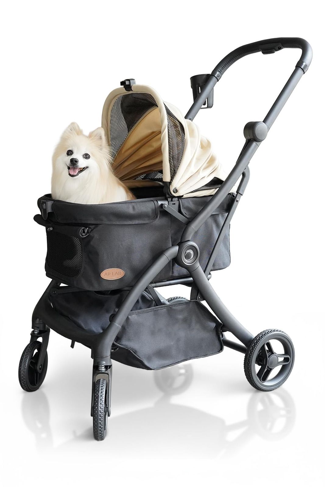 【超軽量×ワンタッチで折りたたみ】ペットカート サスペンション付き [開閉可能な屋根タイプ]犬用カート 片手で折りたためる 犬 カート 小型犬 バギー ペットキャリー (ドリンクホルダー付き ベージュ)