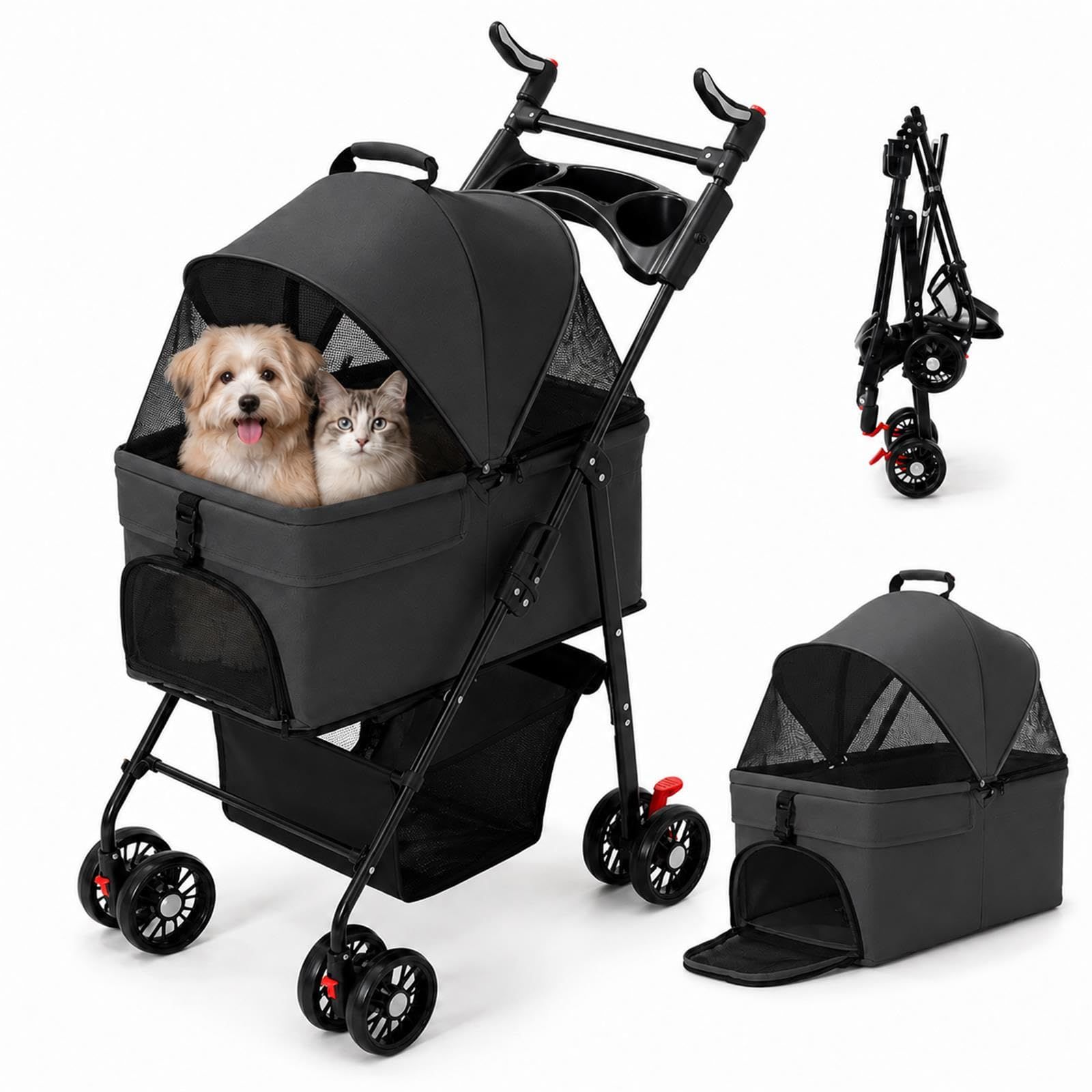 ペットカート 分離型 犬用カート ペットキャリーカート 小型犬 中型犬 猫対応 耐荷重25kg 軽量 折りたたみ 4輪 360度前輪 後輪ブレーキ 通気メッシュ 取り外しクレードル 散歩 通院 買い物 旅行 車載収納 多頭飼い 外出用 60×47×95cm ブ