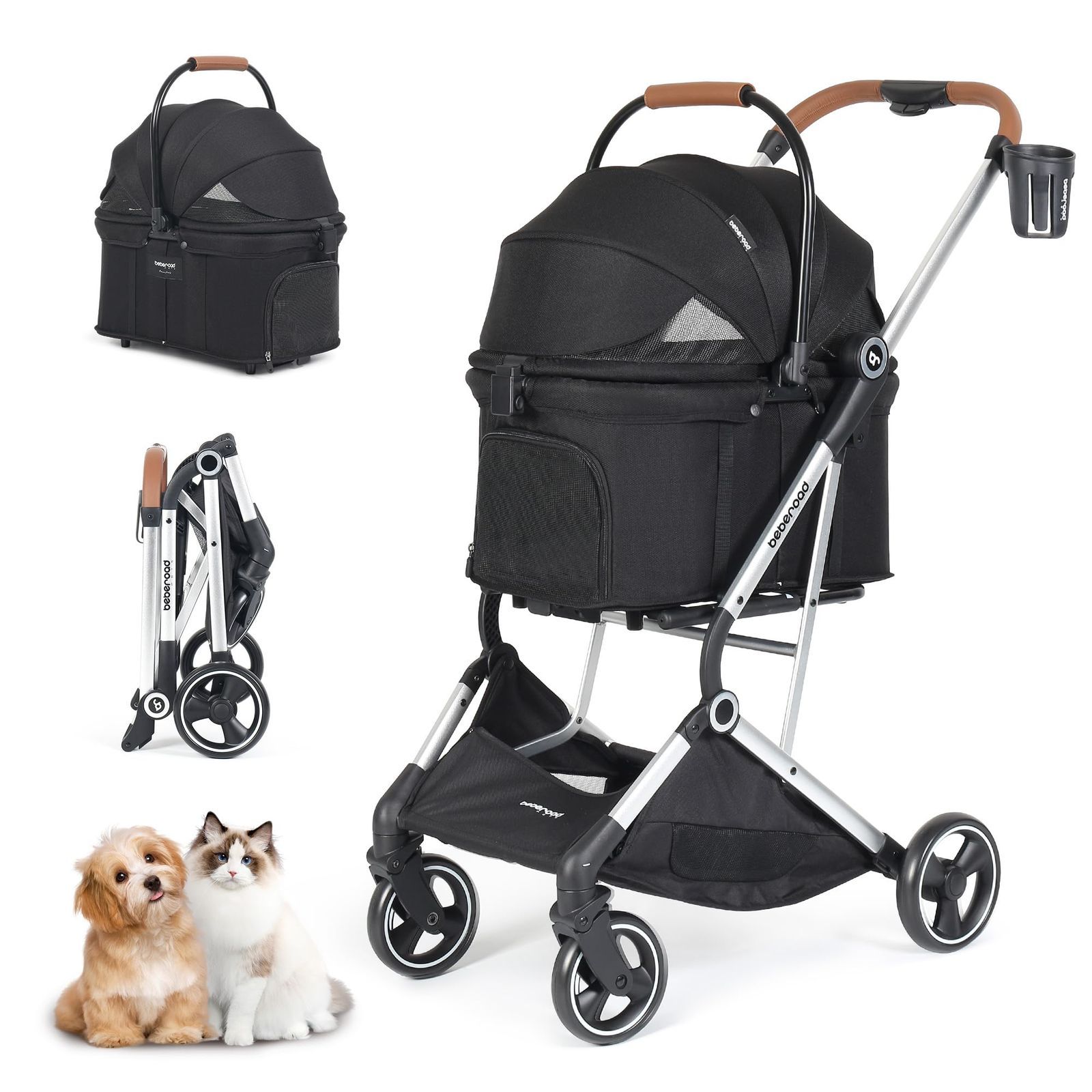 BEBEROAD PETS T3 ペットカート 分離型 小型犬 折りたたみ 4輪 前輪360°回転 犬用バギー 犬用ベビーカー 多頭用 小型犬 中型犬 ペット キャリーカート いぬ用ワンタッチ 折りたたみ 後輪ブレーキ付 多機能 散歩 外出便利 (T3PRO-