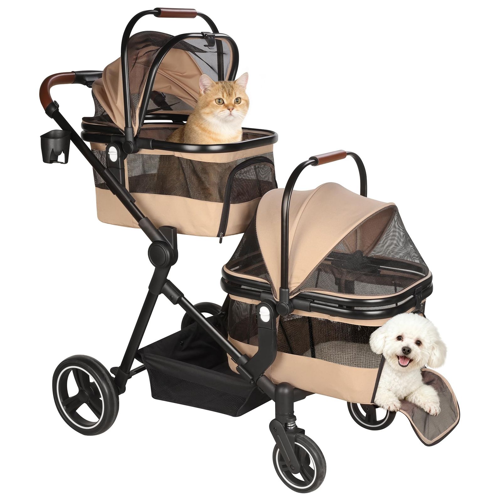 折りたたみ式 ペットカート 小型犬 中型犬 猫 2台分離型 軽量 ダブル＆シングル 一体化 ペットバギー キャリーカート 分離可能 多頭用 4輪 360°回転 コンパクト 収納可能 ベージュ