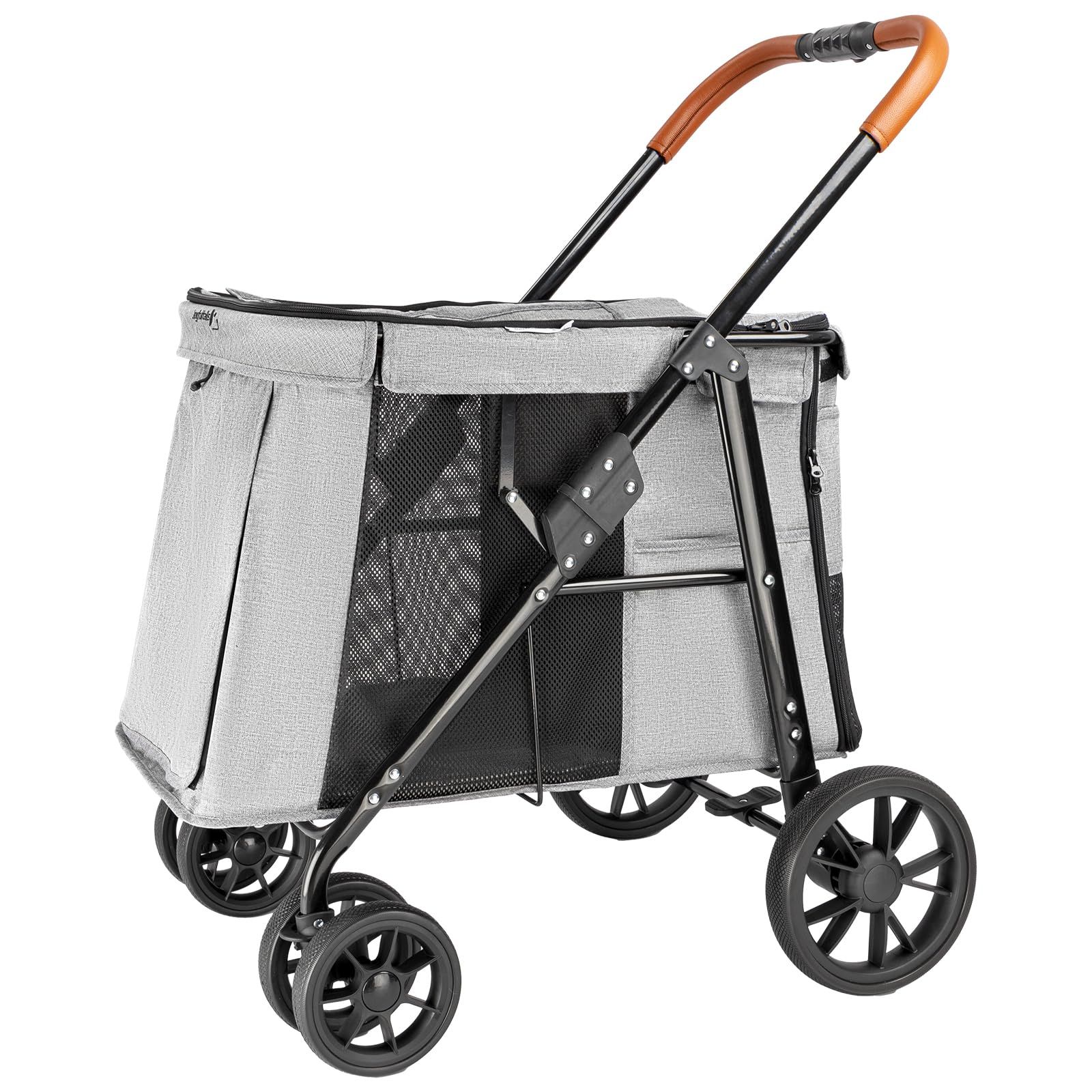 Joyfultails ペットカート 大型犬 中型犬 多頭用 ドッグカート ワンタッチ 折りたたみ式 耐荷重30KG 大空間 わんわんカート 低床型 乗り降りラクラク ペットバギー 4輪 前輪360°回転 後輪ブレーキ付き 犬用ベビーカー お出かけ 散歩 通院