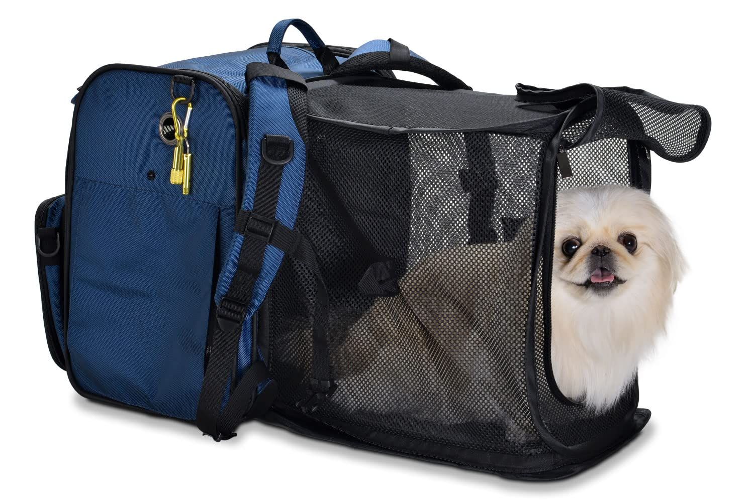 PFI(ピーファイ) ペットキャリー レギュラータイプ ネイビー 犬用 猫用 リュック 防災設計 メッシュ窓 拡張機能 ケージ 折り畳み アウトドア 旅行 通院 避難用 丈夫な生地