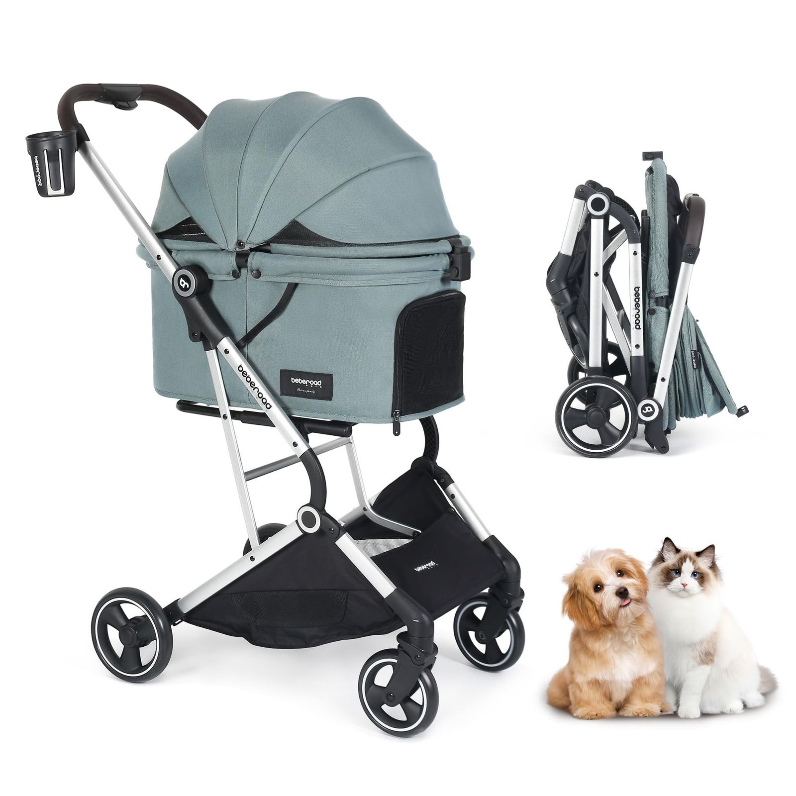 BEBEROAD PETS T4 ペットカート 猫 小型犬 バギー 折りたたみ 4輪 前輪360°回転 犬用バギー 犬用ベビーカー 多頭用 小型犬 中型犬 ペット キャリーカート いぬ用ワンタッチ 折りたたみ 後輪ブレーキ付 多機能 散歩 外出便利 (T4-グ