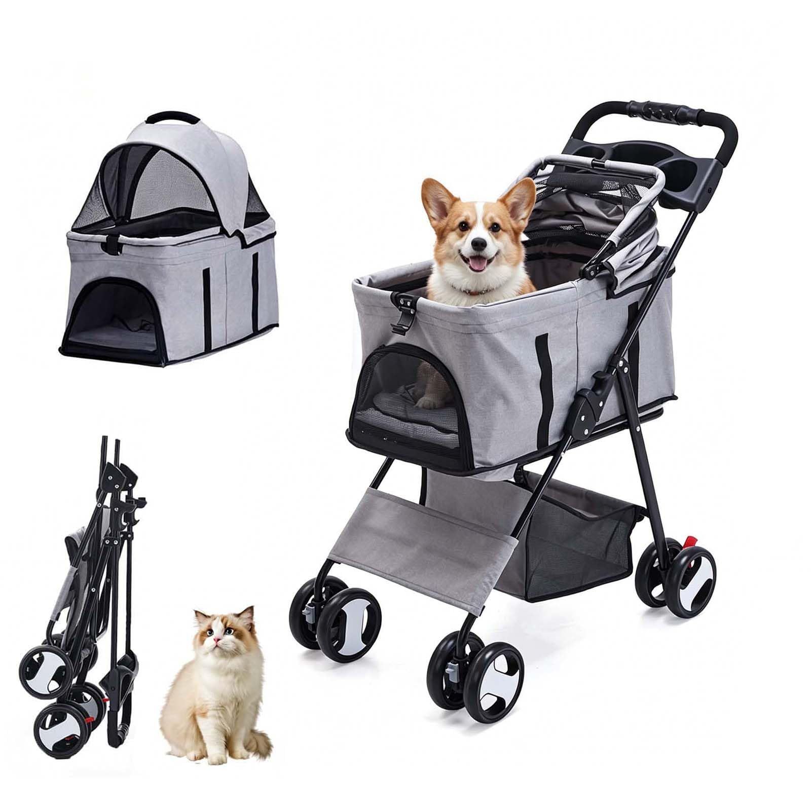 GROZY ペットカート 犬用 猫用 3WAY 分離型 ワンタッチ折りたたみ 取り外し可能 軽量 多頭飼い 4輪耐摩耗 キャリーバッグ 旅行用 お出かけ プッシュチェア 超軽量5.85KG グレー