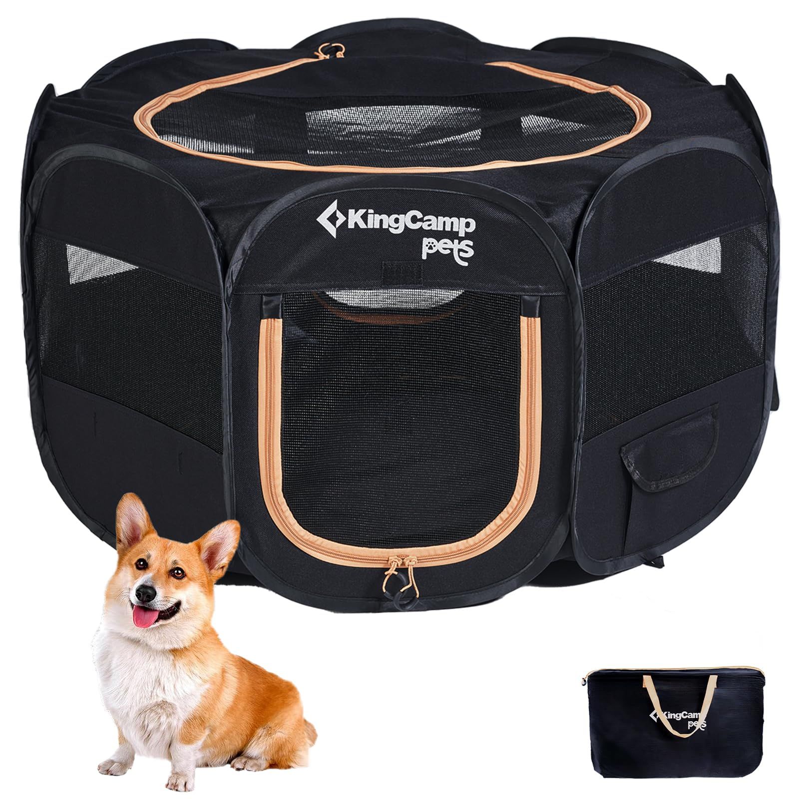 KingCamp ペットサークル ドッグハウス 中型犬 八角形 折りたたみ メッシュサークル 猫 犬 兼用 プレイサークル ペットケージ 軽量 持ち運び 室内 アウトドア キャンプ お出かけ用品 幅広91 cm 高58 cm M