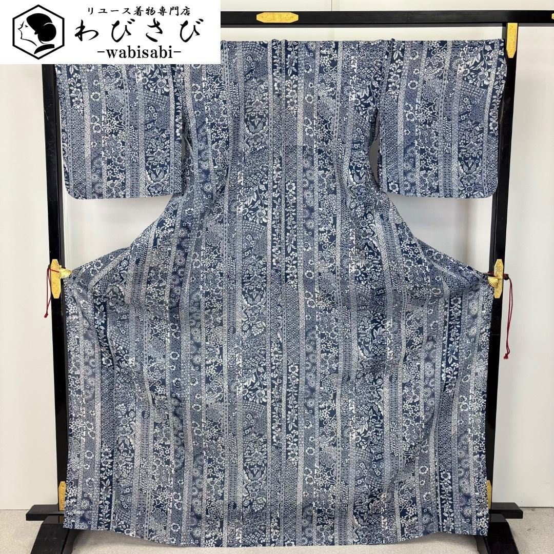 夏着物 紗紬 型染 雪輪に花模様 紺色 トールサイズ K-6086