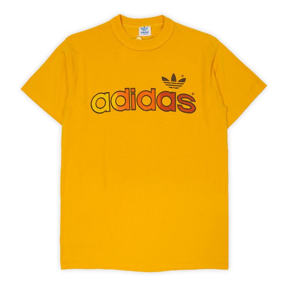 アディダス adidas 80s 80年代 プリントTシャツ トレフォイルロゴ グラデーション USA オールド ヴィンテージ アメリカ 古着 メンズ Tシャツ カットソー イエロー / 黄色 L【中古】