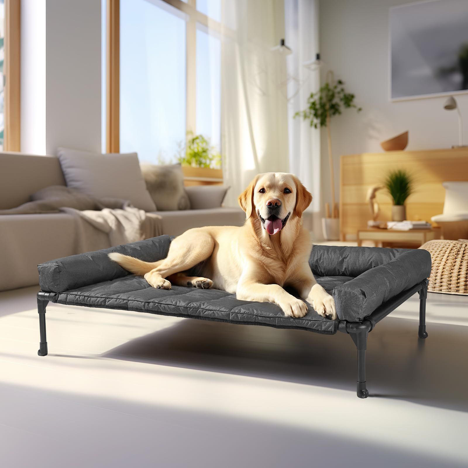 Veehoo犬 ベッドペットベッド大型犬 ベッド高架犬用ベッドドッグコット + 防水取り外し可能ピロートップマット、ボルスター犬用簡易ベッド、通気性メッシュ付き隆起ペットコット、滑り止め足、屋内屋外用犬用ソファベッド犬 コット-107*76 cm ブラック