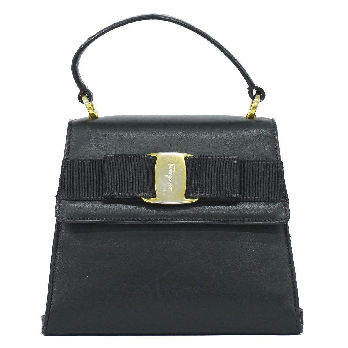 本物 サルヴァトーレ フェラガモ Salvatore Ferragamo ヴァラ リボン ハンドバッグ レザー ブラック Vara バッグ 中古・