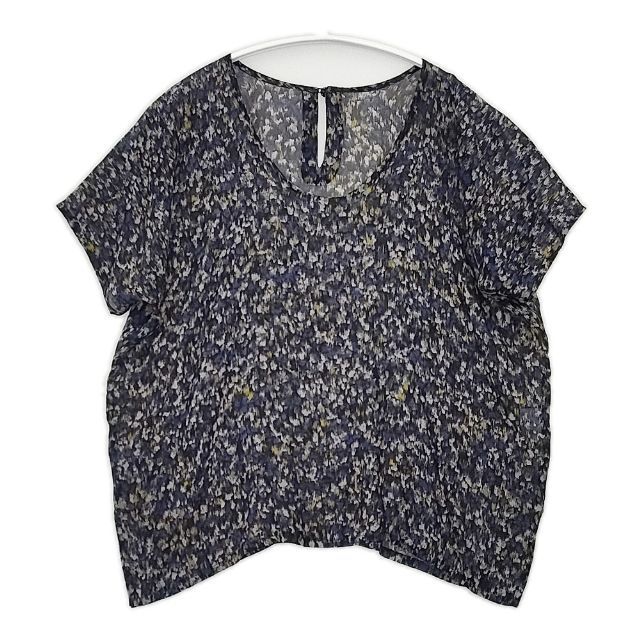humoresque シルク loop shirt DS2201 総柄 半袖 ブラウス シャツ ネイビー イエロー レディース ユーモレスク【中古】6-0613S∞