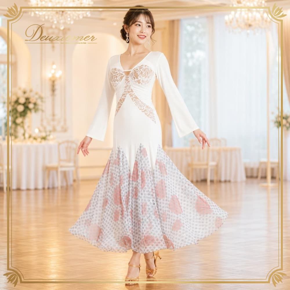 社交ダンス 衣装 ドレス ワンピース スタンダード ホワイト系 レッド系 白 黒 水玉 ドット フリル レース ダンス パーティ 発表会 上品 華やか 柄 模様 カーネーション花柄