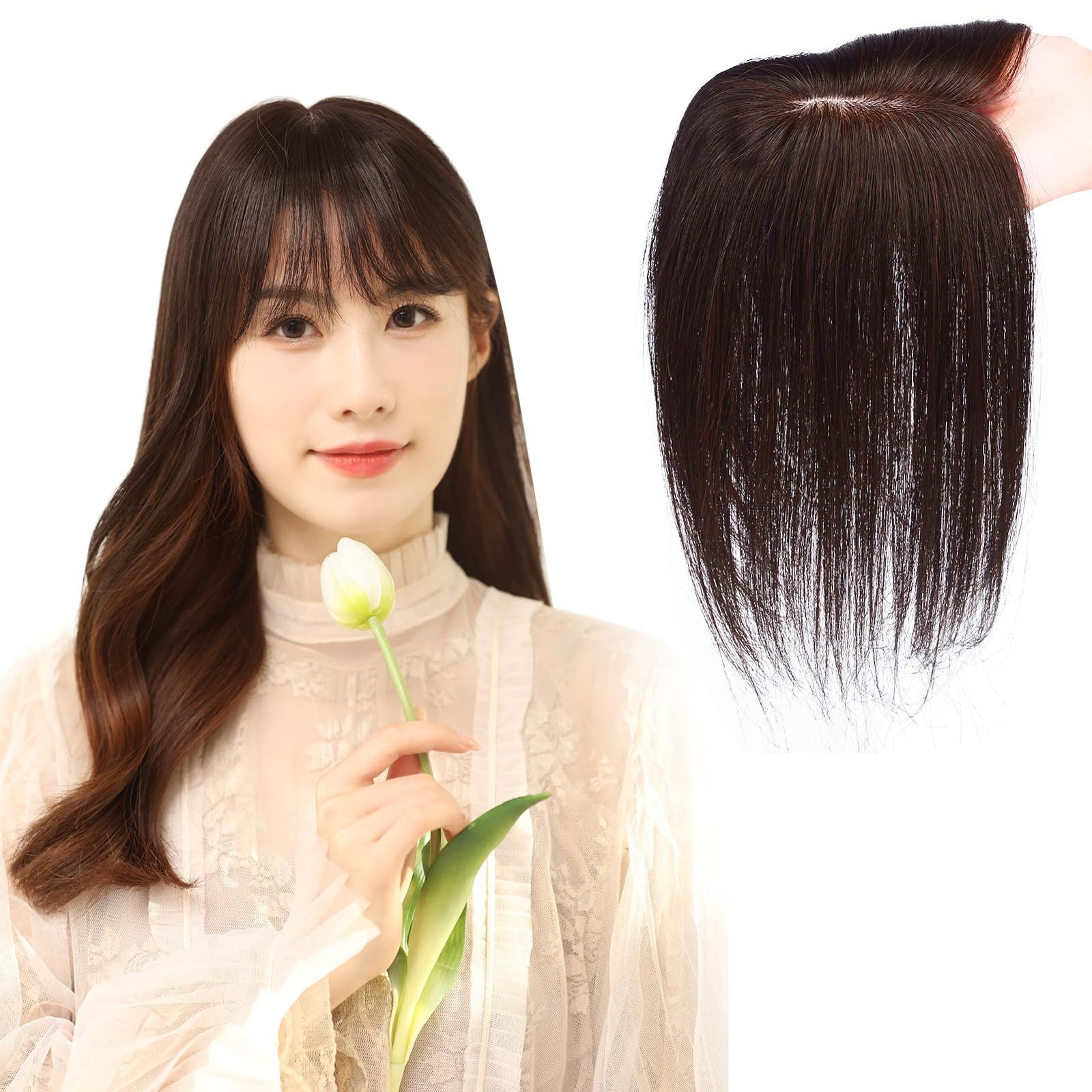 頭頂部カバー ヘアピース 増毛 ストレート 薄毛 超自然 通気 脱毛隠し レディース 医療用 ネットサイズ横7cm縦10cm 分け目自由 ぱっつんバング 総手植え 人工皮膚 (30cm 人毛100% 部分ウィッグ 栗色) HIYE