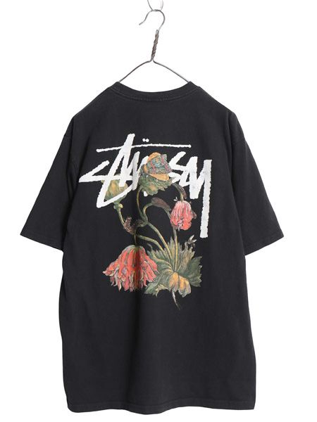 ステューシー 両面 アート イラスト プリント Tシャツ メンズ L ヘビーウェイト コットン フラワー ストック ロゴ グラフィック ブラック