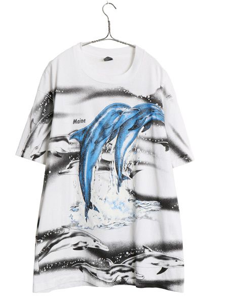 80s USA製 イルカ オールオーバー プリント Tシャツ メンズ XL ヴィンテージ アート グラフィック 総柄 シングルステッチ 白 大きいサイズ