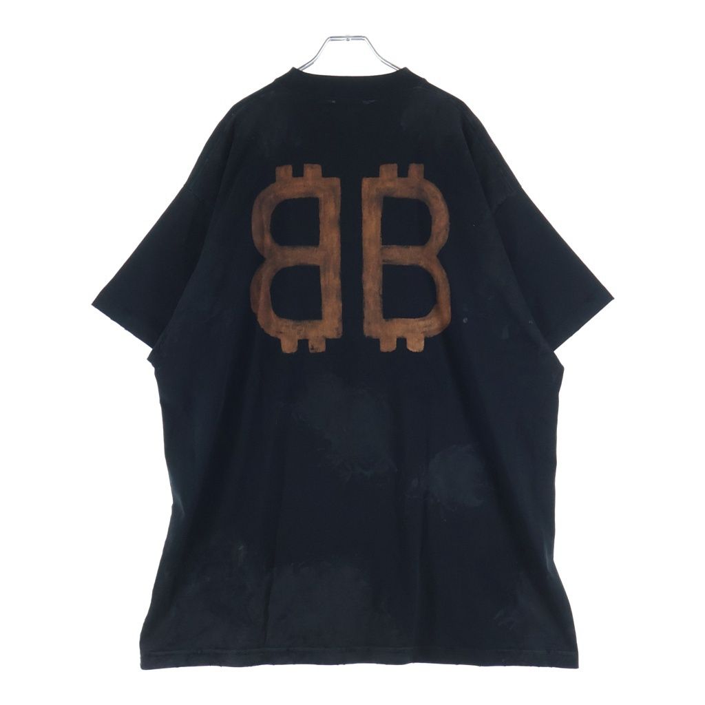 BALENCIAGA (バレンシアガ) 23SS BBロゴ デストロイ加工 クルーネック半袖Tシャツカットソー ブラック 739028 T0VN8