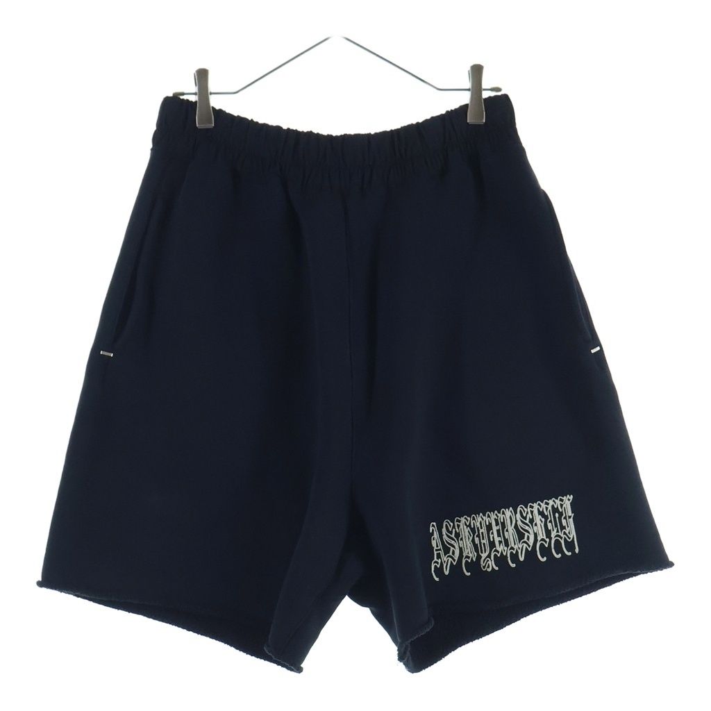 ASKYURSELF (アスクユアセルフ) GOTH RAW FLEECE SHORTS フロント ロゴプリント ゴス風 カットオフ フリース ショーツ ブラック