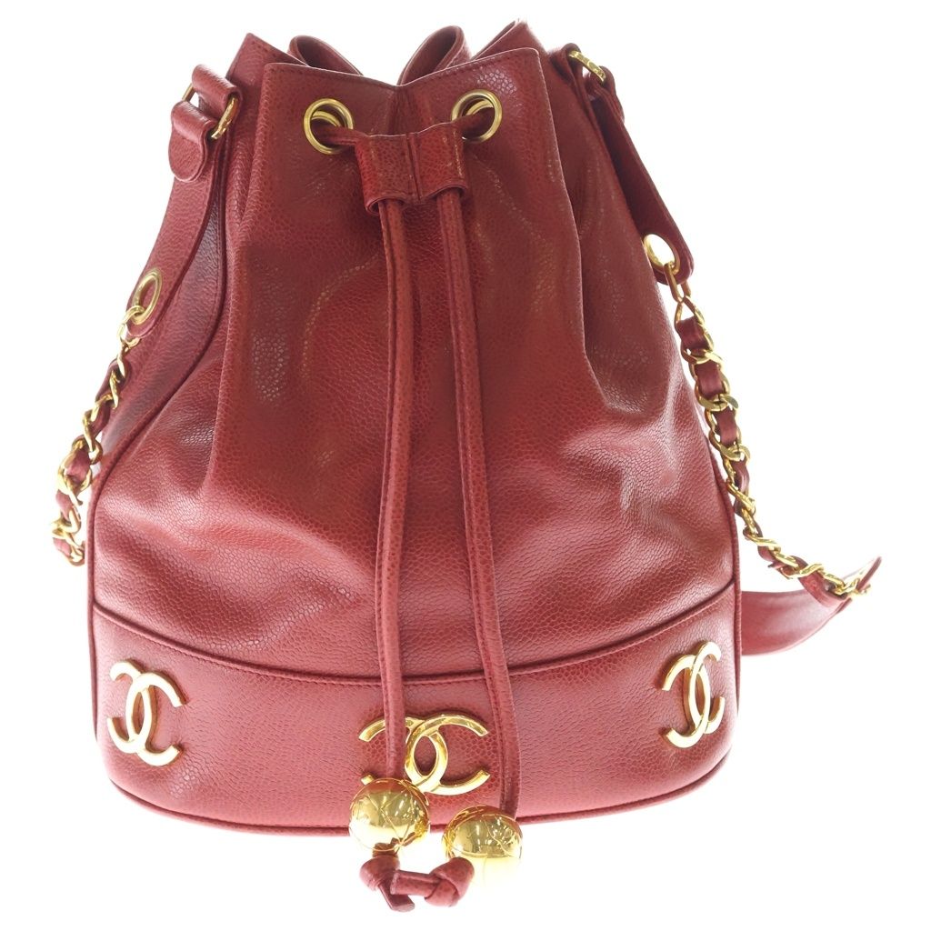 CHANEL (シャネル) チェーンショルダーバッグ トリプルココ チェーンショルダーバッグ レッド キャビアスキン 301SB179 ゴールド金具