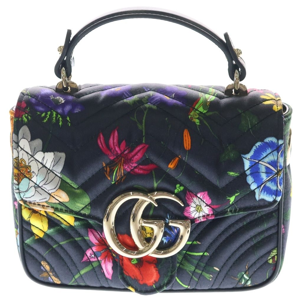GUCCI (グッチ) GGマーモント ミニ トップハンドル 花柄 フローラル柄 サテン 2WAYショルダーバッグ ハンドバッグ 811238 黒/マルチカラー