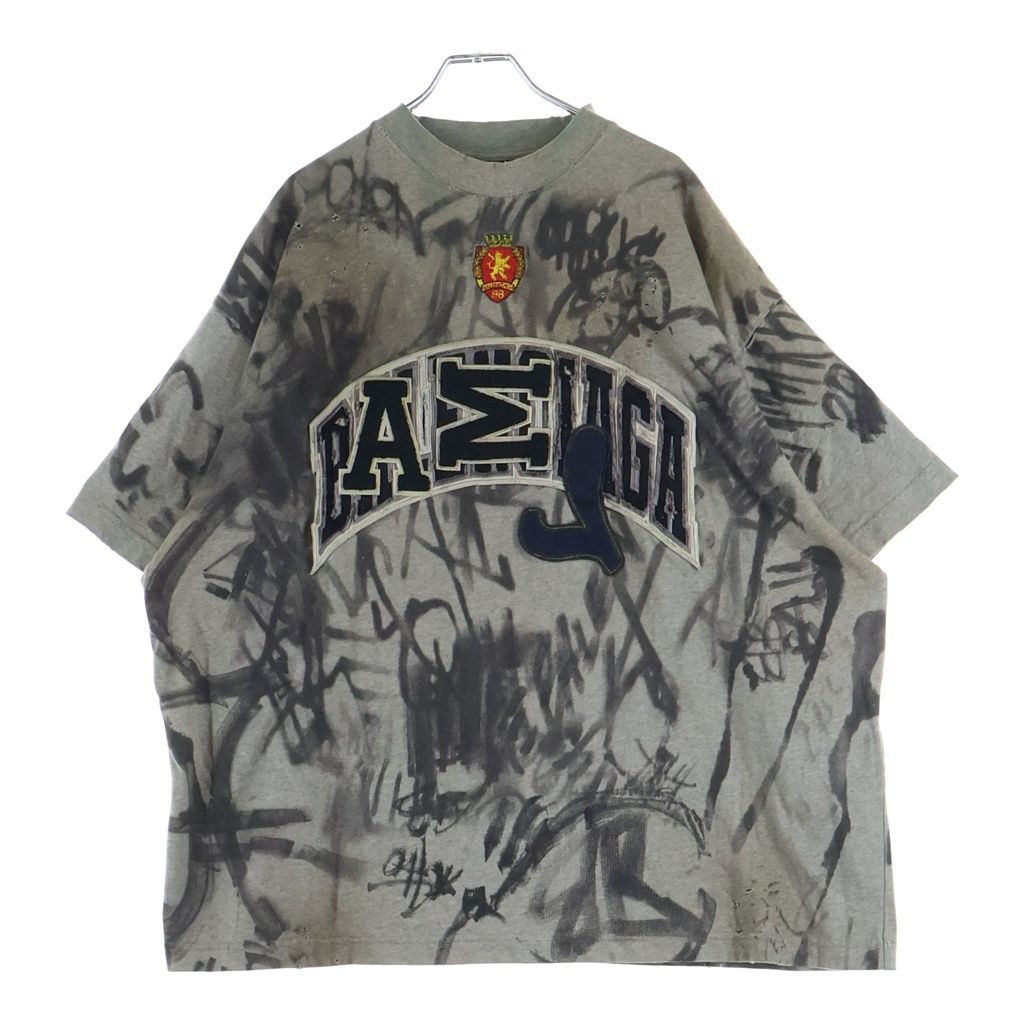 BALENCIAGA (バレンシアガ) 23SS 1300 Skater デストロイ加工 ワッペン 半袖Tシャツ カットソー グレー 739028 TOVA7