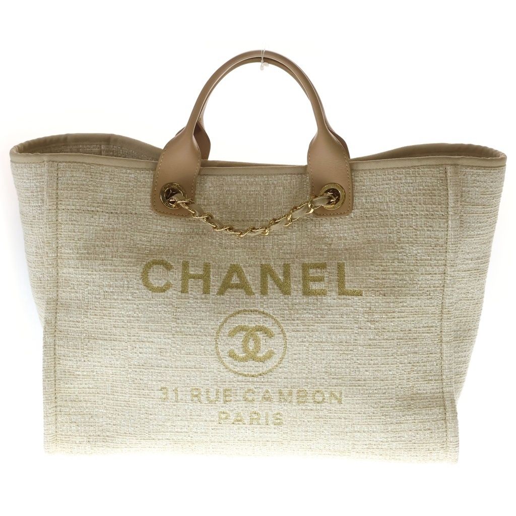 CHANEL (シャネル) ドーヴィルMM キャンバス ツイード レザー 2WAY ハンド チェーンショルダー トートバッグ ゴールド金具 ベージュ AS3351 25番台