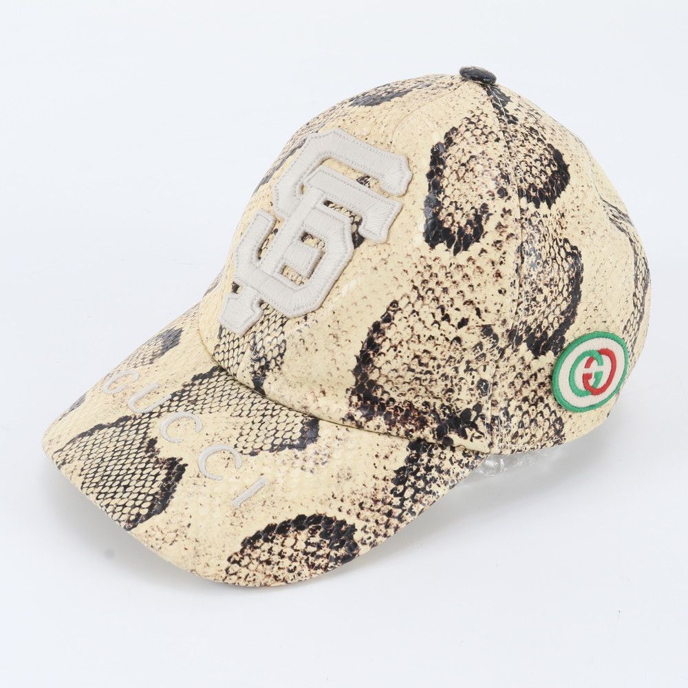 美品 グッチ タグ付 MLB コラボ スネーク プリント ベースボール キャップ M 帽子 レザー メンズ レディース WIM EG46-1【中古】