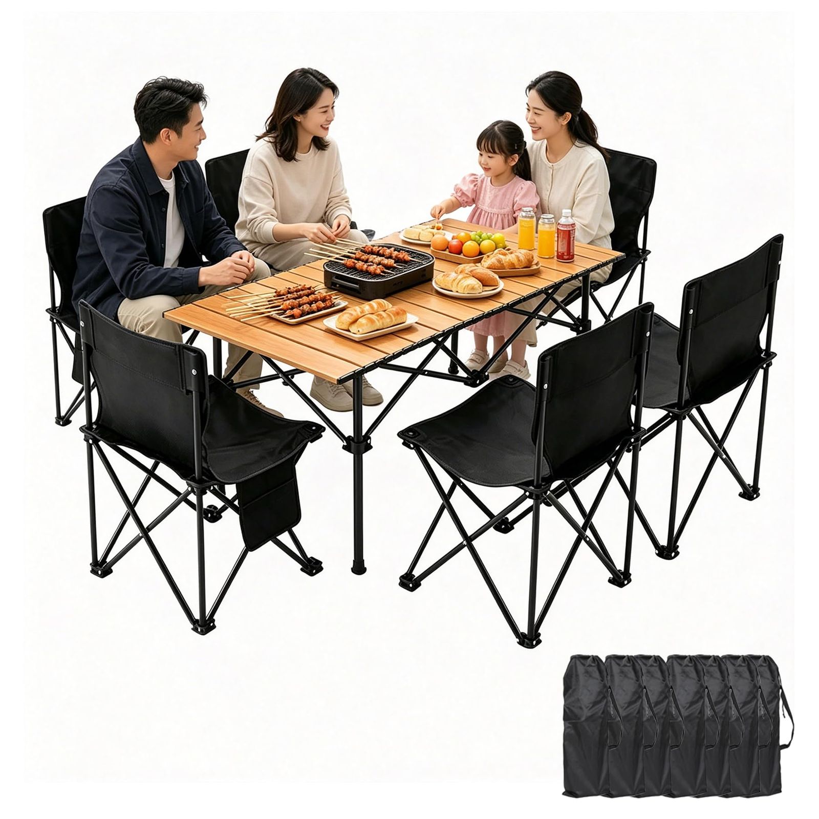 アウトドア テーブル チェア セット キャンプ テーブル57cm×120cm×50cm ピクニックテーブル 超軽量 折り畳み 組立簡単 収納バッグ付き BBQ お釣り ガーデン キャンプ用品(木の色, 7 アイテム)送料無料 2b4c5945